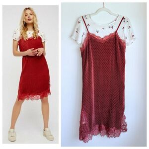 Free People Margot 2Piece Layered Pleated Polka Dot Slip Dress over Floral Dress